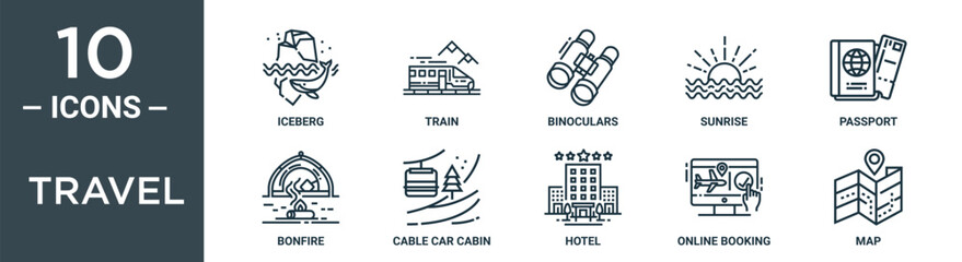 travel outline icon set includes thin line iceberg, train, binoculars, sunrise, passport, bonfire, cable car cabin icons for report, presentation, diagram, web design