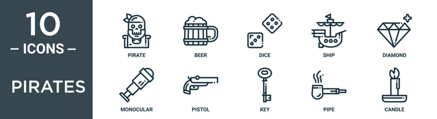pirates outline icon set includes thin line pirate, beer, dice, ship, diamond, monocular, pistol icons for report, presentation, diagram, web design