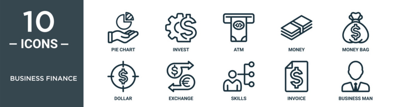 business finance outline icon set includes thin line pie chart, invest, atm, money, money bag, dollar, exchange icons for report, presentation, diagram, web design