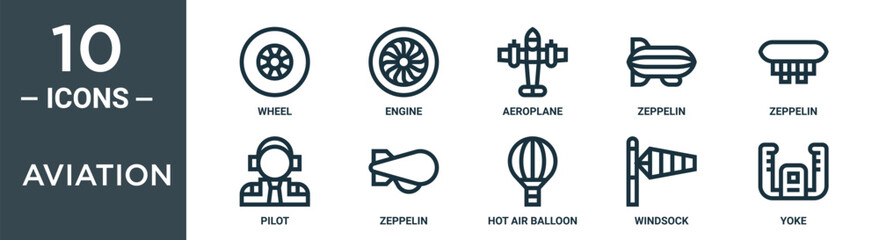 aviation outline icon set includes thin line wheel, engine, aeroplane, zeppelin, zeppelin, pilot, zeppelin icons for report, presentation, diagram, web design © MacroOne