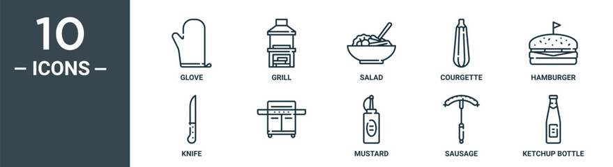 Obraz premium outline icon set includes thin line glove, grill, salad, courgette, hamburger, knife, icons for report, presentation, diagram, web