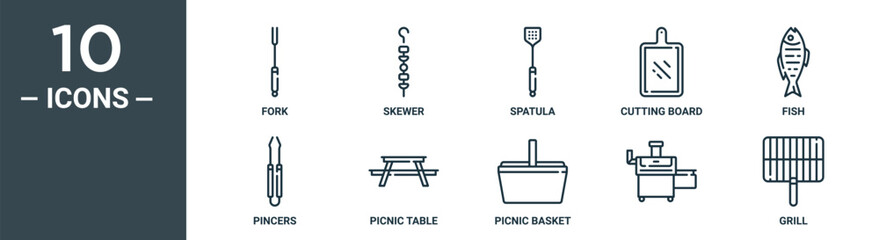 Obraz premium outline icon set includes thin line fork, skewer, spatula, cutting board, fish, pincers, picnic table icons for report, presentation, diagram, web design