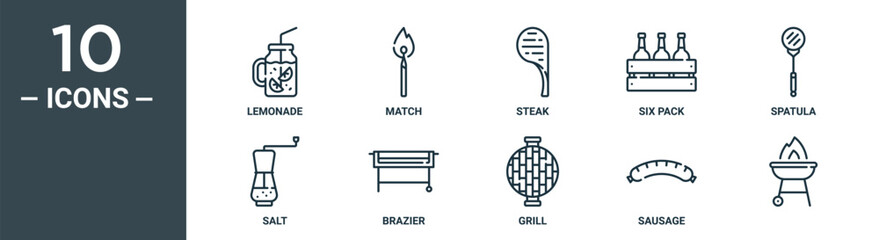 outline icon set includes thin line lemonade, match, steak, six pack, spatula, salt, brazier icons for report, presentation, diagram, web design