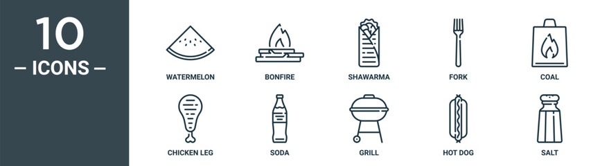 outline icon set includes thin line watermelon, bonfire, shawarma, fork, coal, chicken leg, soda icons for report, presentation, diagram, web design