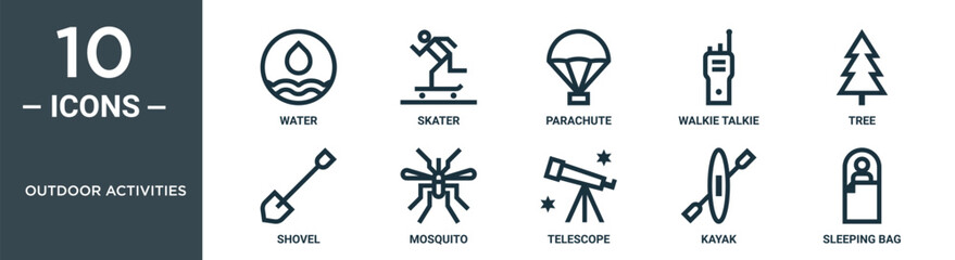 outdoor activities outline icon set includes thin line water, skater, parachute, walkie talkie, tree, shovel, mosquito icons for report, presentation, diagram, web design