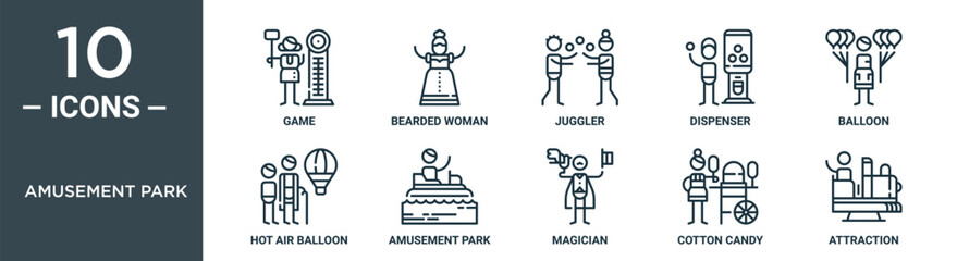 amusement park outline icon set includes thin line game, bearded woman, juggler, dispenser, balloon, hot air balloon, amusement park icons for report, presentation, diagram, web design