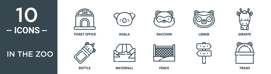in the zoo outline icon set includes thin line ticket office, koala, raccoon, lemur, giraffe, bottle, waterfall icons for report, presentation, diagram, web design © MacroOne
