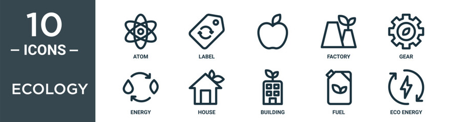 ecology outline icon set includes thin line atom, label, , factory, gear, energy, house icons for report, presentation, diagram, web design