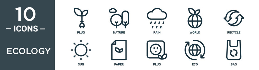 ecology outline icon set includes thin line plug, nature, rain, world, recycle, sun, paper icons for report, presentation, diagram, web design