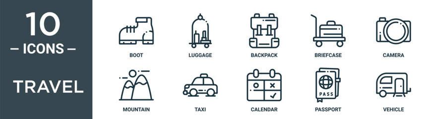 travel outline icon set includes thin line boot, luggage, backpack, briefcase, camera, mountain, taxi icons for report, presentation, diagram, web design