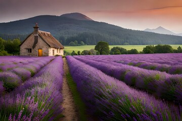 The beauty of a cottage in a field of purple flowers 