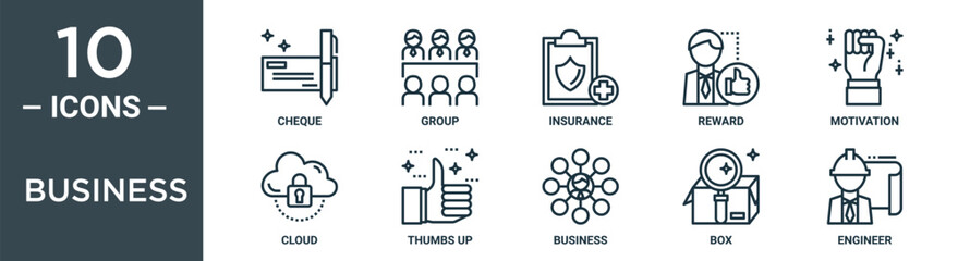 business outline icon set includes thin line cheque, group, insurance, reward, motivation, cloud, thumbs up icons for report, presentation, diagram, web design
