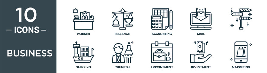 business outline icon set includes thin line worker, balance, accounting, mail, , shipping, chemical icons for report, presentation, diagram, web design