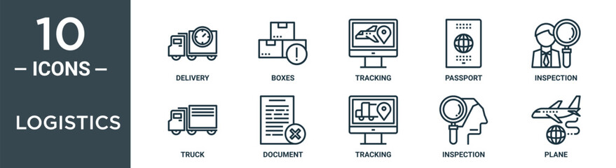 logistics outline icon set includes thin line delivery, boxes, tracking, passport, inspection, truck, document icons for report, presentation, diagram, web design