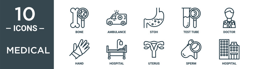Obraz premium medical outline icon set includes thin line bone, ambulance, stoh, test tube, doctor, hand, hospital icons for report, presentation, diagram, web design
