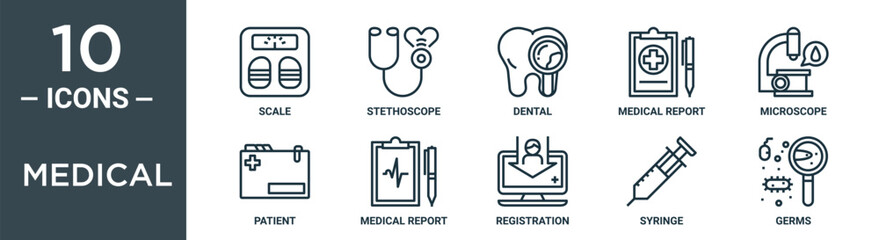 medical outline icon set includes thin line scale, stethoscope, dental, medical report, microscope, patient, medical report icons for report, presentation, diagram, web design