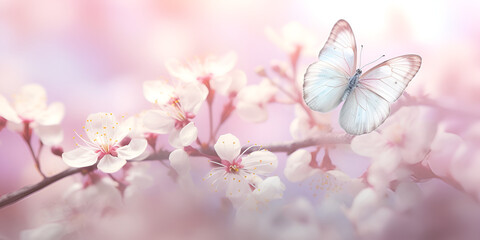 
Delicate pink blossom almond and flying butterfly on spring morning. Spring abstract background, Flying butterfly and blossoming pink cherry branch against blue sky background, generative Ai