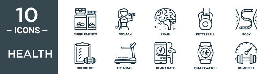 health outline icon set includes thin line supplements, woman, brain, kettlebell, body, checklist, treadmill icons for report, presentation, diagram, web design