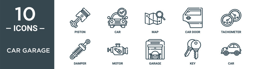 Obraz premium car garage outline icon set includes thin line piston, car, map, car door, tachometer, damper, motor icons for report, presentation, diagram, web design