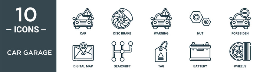 car garage outline icon set includes thin line car, disc brake, warning, nut, forbbiden, digital map, gearshift icons for report, presentation, diagram, web design