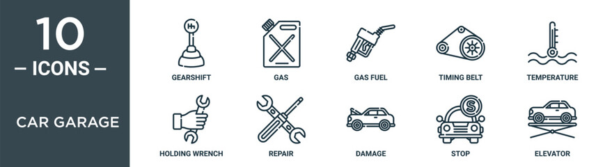 car garage outline icon set includes thin line gearshift, gas, gas fuel, timing belt, temperature, holding wrench, repair icons for report, presentation, diagram, web design
