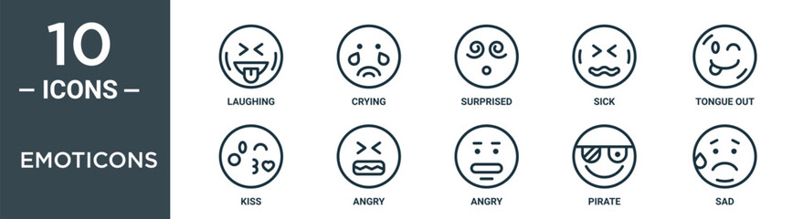 emoticons outline icon set includes thin line laughing, crying, surprised, sick, tongue out, kiss, angry icons for report, presentation, diagram, web design