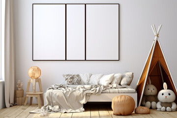Scandinavian style, 3D render: mock up frame in white cozy children room interior background.