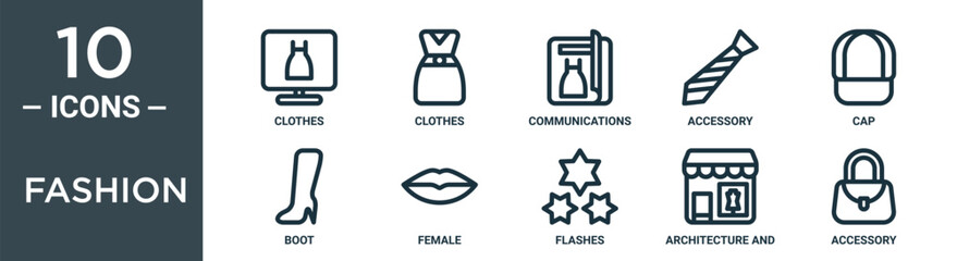 fashion outline icon set includes thin line clothes, clothes, communications, accessory, cap, boot, female icons for report, presentation, diagram, web design