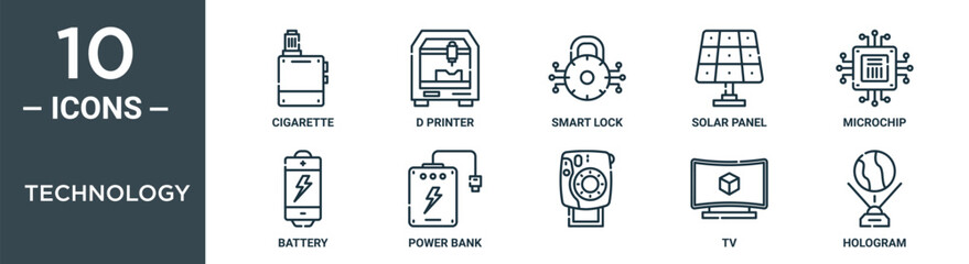 technology outline icon set includes thin line cigarette, d printer, smart lock, solar panel, microchip, battery, power bank icons for report, presentation, diagram, web design