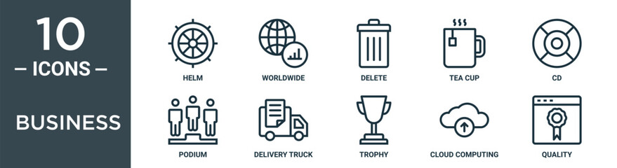 business outline icon set includes thin line helm, worldwide, delete, tea cup, cd, podium, delivery truck icons for report, presentation, diagram, web design