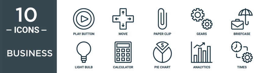 business outline icon set includes thin line play button, move, paper clip, gears, briefcase, light bulb, calculator icons for report, presentation, diagram, web design
