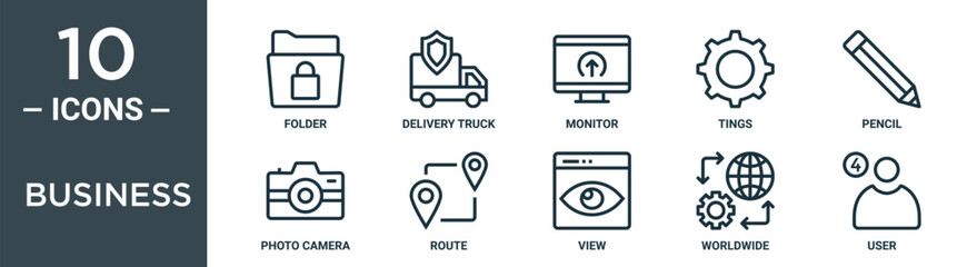 business outline icon set includes thin line folder, delivery truck, monitor, tings, pencil, photo camera, route icons for report, presentation, diagram, web design