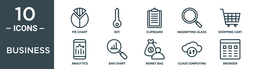business outline icon set includes thin line pie chart, key, clipboard, magnifying glass, shopping cart, analytics, bar chart icons for report, presentation, diagram, web design