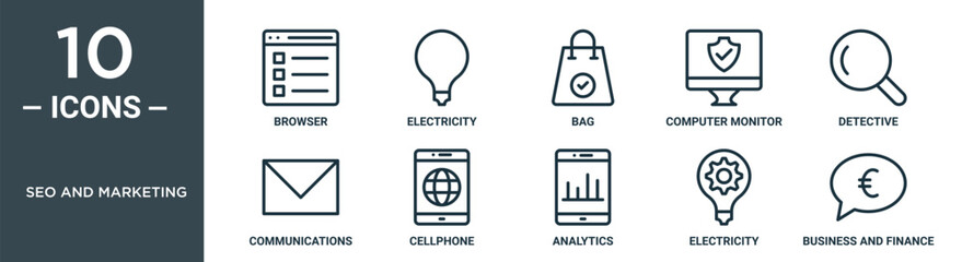 seo and marketing outline icon set includes thin line browser, electricity, bag, computer monitor, detective, communications, cellphone icons for report, presentation, diagram, web design