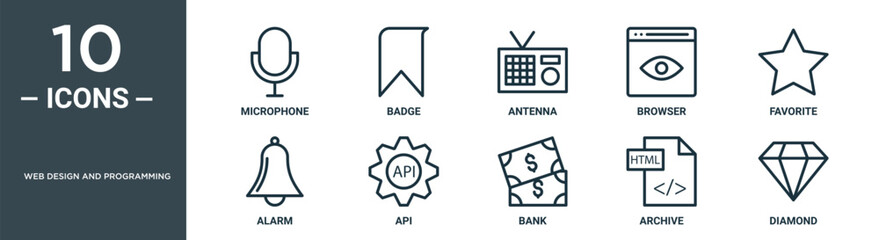 web design and programming outline icon set includes thin line microphone, badge, antenna, browser, favorite, alarm, api icons for report, presentation, diagram, web design