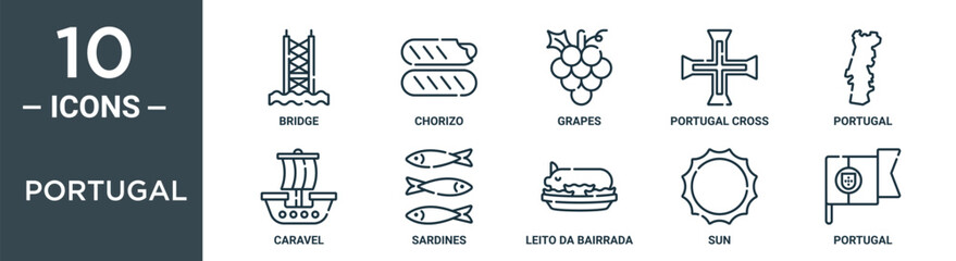 portugal outline icon set includes thin line bridge, chorizo, grapes, portugal cross, portugal, caravel, sardines icons for report, presentation, diagram, web design