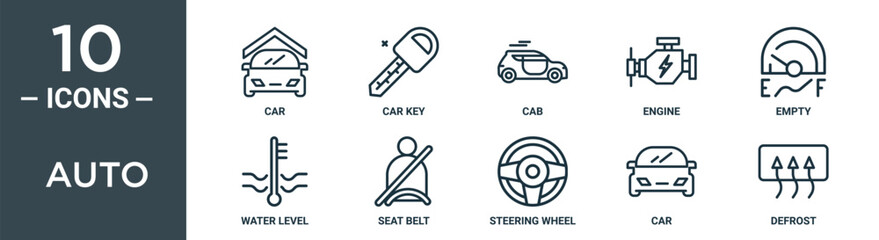 auto outline icon set includes thin line car, car key, cab, engine, empty, water level, seat belt icons for report, presentation, diagram, web design