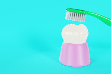 Fototapeta na wymiar 歯と歯ブラシの3Dイラスト：歯ブラシで口腔ケア