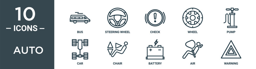 auto outline icon set includes thin line bus, steering wheel, check, wheel, pump, car, chair icons for report, presentation, diagram, web design