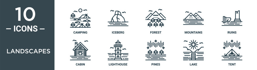landscapes outline icon set includes thin line camping, iceberg, forest, mountains, ruins, cabin, lighthouse icons for report, presentation, diagram, web design