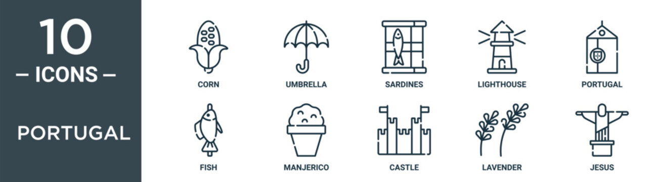 portugal outline icon set includes thin line corn, umbrella, sardines, lighthouse, portugal, fish, manjerico icons for report, presentation, diagram, web design