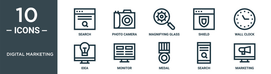 digital marketing outline icon set includes thin line search, photo camera, magnifying glass, shield, wall clock, idea, monitor icons for report, presentation, diagram, web design