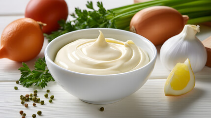 Traditional mayonnaise sauce in white ceramic bowl and ingredients for its preparation on white wooden background. Selective focus.