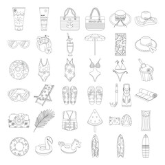 Beach set for summer trips. Sunglasses, cocktail, umbrella, towel, swimsuit, snorkeling, flip-flops, inflatable ball, surfboard. Line art.