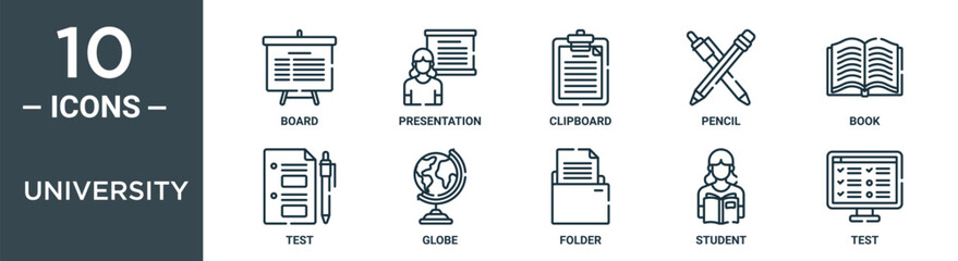university outline icon set includes thin line board, presentation, clipboard, pencil, book, test, globe icons for report, presentation, diagram, web design