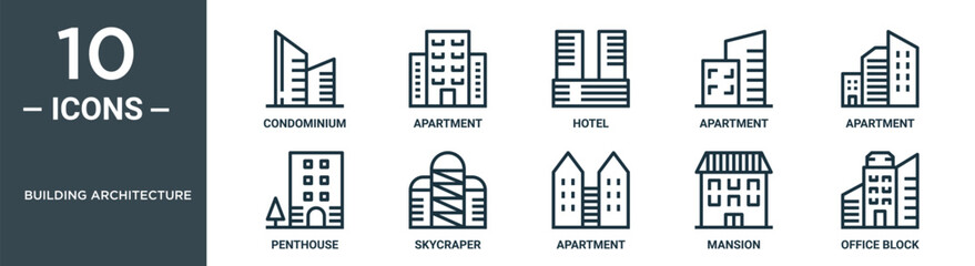 building architecture outline icon set includes thin line condominium, apartment, hotel, apartment, apartment, penthouse, skycraper icons for report, presentation, diagram, web design
