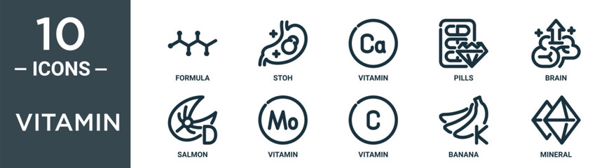 vitamin outline icon set includes thin line formula, stoh, vitamin, pills, brain, salmon, vitamin icons for report, presentation, diagram, web design