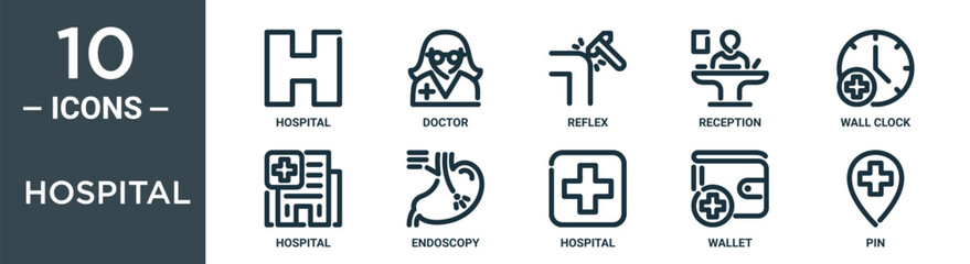 hospital outline icon set includes thin line hospital, doctor, reflex, reception, wall clock, hospital, endoscopy icons for report, presentation, diagram, web design