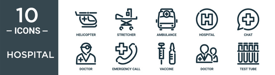 hospital outline icon set includes thin line helicopter, stretcher, ambulance, hospital, chat, doctor, emergency call icons for report, presentation, diagram, web design