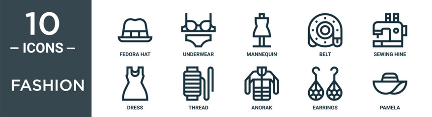 fashion outline icon set includes thin line fedora hat, underwear, mannequin, belt, sewing hine, dress, thread icons for report, presentation, diagram, web design
